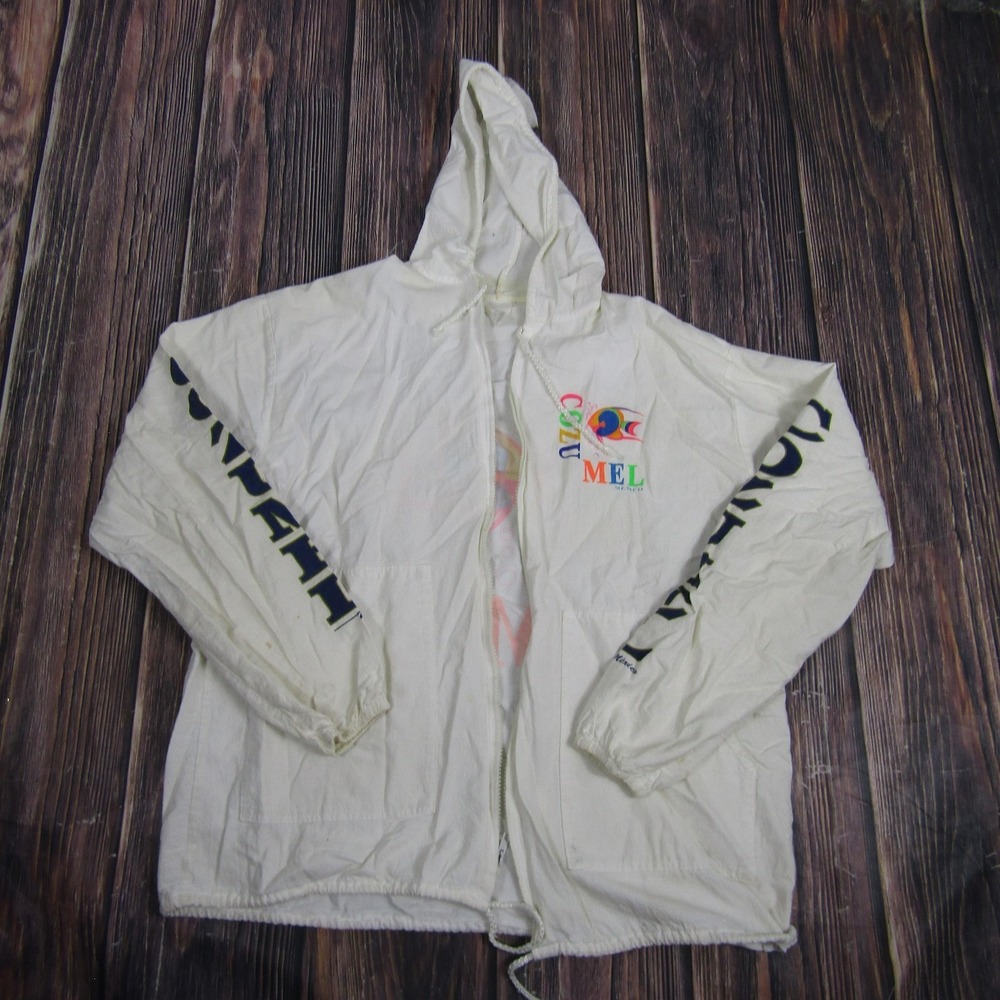 Cozumel Mexico Jacket Mens Medium White Hooded Windbreaker Full Zip Souvenir